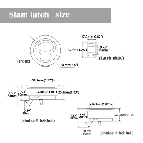 Diagram of Boat Slam Latch Kit With Two Inch Lift Handle Deck Hatch Marine Grade Stainless Steel Zinc Alloy Flush Latches with measurements