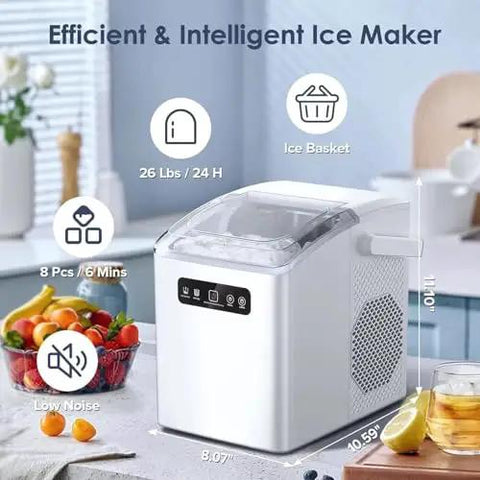 Quick Chill Countertop Ice Maker With Automatic Self Cleaning And Flexible Cube Options Generating Twenty Six Pounds For Instant Refresh.