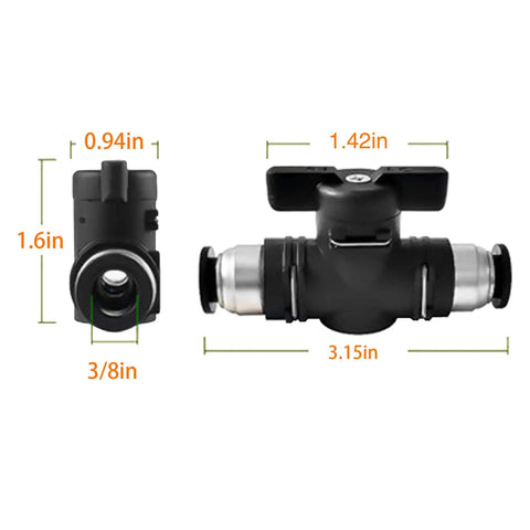 Three Pack Three Eighths Inch Push To Connect Pneumatic Valve Kit With Quick Connect Tube Fittings And Air Flow Control For Fast Easy Install Union Straight Fittings Heavy Duty Air Flow In Industrial Applications, side view