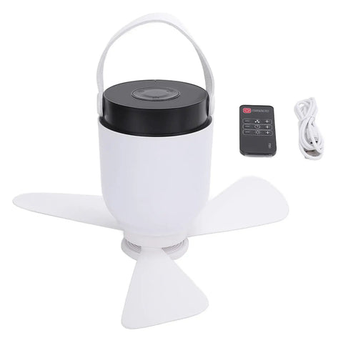 Dpofirs USB Rechargeable Ceiling Fan with LED Lamp, Remote Controlled, compact design with white body and remote control.