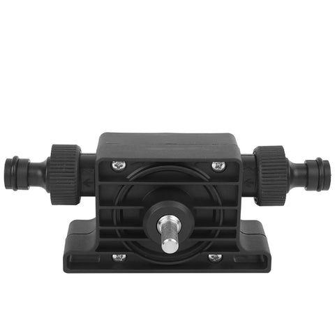 Compact Electric Drill Water Pump For Rapid Fluid Transfer, Drains Oil Or Waste Fast At 30 Liters Per Minute With Direct Drill Connection And 15mm Port, front view of pump with ports.