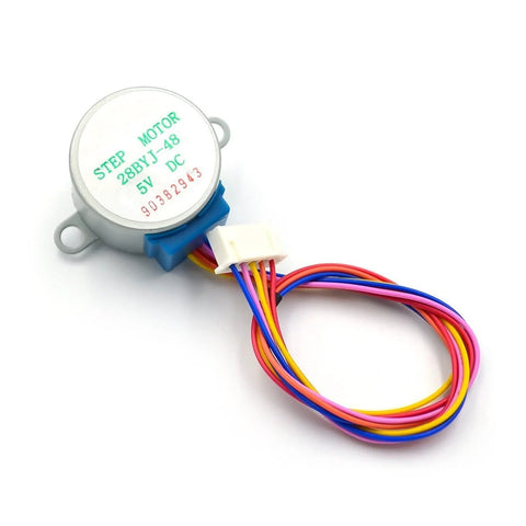 28BYJ-48 5V DC stepper motor with blue plastic base and multi-color wire harness with white connector