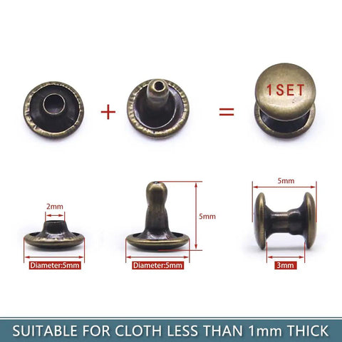 400 Set Double Cap Leather Rivets 5mm Tubular Metal Studs with measurement details shown, suitable for fabric under 1mm thick.