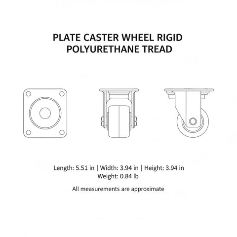 Rock Solid Rigid Fixed Direction Plate Caster Wheel With Hella Tough Polyurethane Tread Super Slick Straight Line Tracking For Badass Heavy Duty Workbenches Industrial Carts Garage Gear 5.5 X 4.0 X 5.9 Inches Single Pack, showing front, side, and top views.