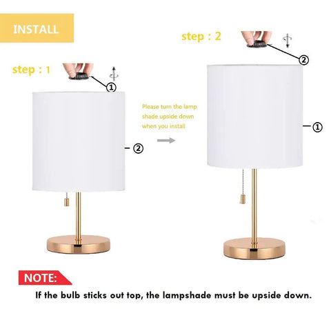 Installation steps for Lit Gold Nightstand Lamp With Metal Base And Fabric Shade, showing bulb and shade assembly