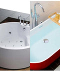 Two bathtubs side by side; one is a white whirlpool with jets, and the other is a blue and red standard bath featuring a drain plug.