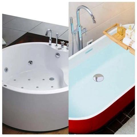 Two bathtubs side by side; one is a white whirlpool with jets, and the other is a blue and red standard bath featuring a drain plug.