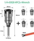Premium 8mm 1/4" And 1/2" Shank ER Router Bit Extension Rod Collet Engravings Machine with four collets and wrench for stability.