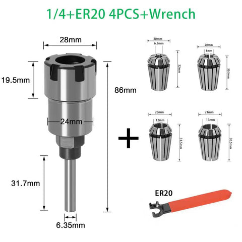 Premium 8mm 1/4" And 1/2" Shank ER Router Bit Extension Rod Collet Engravings Machine with four collets and wrench for stability.