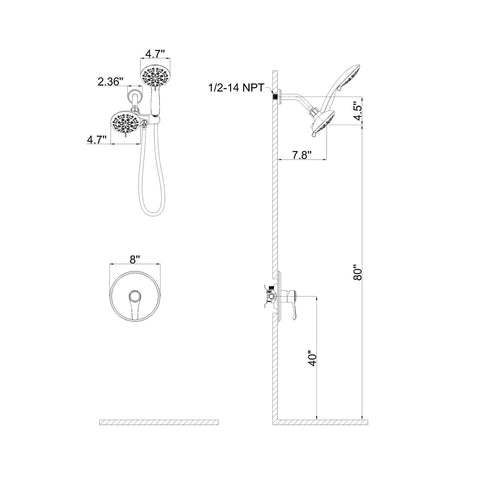 Diagram of Shower System With 6 Mode Bathtub Handheld Showerhead And Rain Shower Combo, 2 In 1 Shower Head, Matte Black Finish.