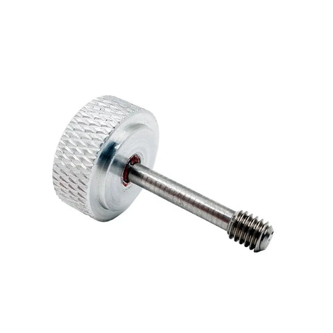 M5 X 25 MM Captive Panel Screws With Knurled Thumb Head 4 Pc Set Stainless Steel Thread Aluminum Alloy Fastener close-up view.