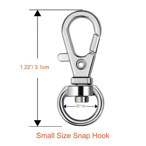Heavy Duty Metal Swivel Lanyard Snap Hook Kit With Matching Split Key Rings For Everyday Carry Bag Charms And Killer DIY Jewelry Creations That Are Hella Durable, small size snap hook with dimensions.