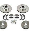 Premium Brake Kit For Toyota Yaris 2006-2013 Featuring Front Ceramic Rotors And Pads Plus Rear Drums With Organic Shoes For Smooth Stops And Top Performance On The Road. Complete brake kit with front rotors, pads, rear drums, shoes, and hardware.