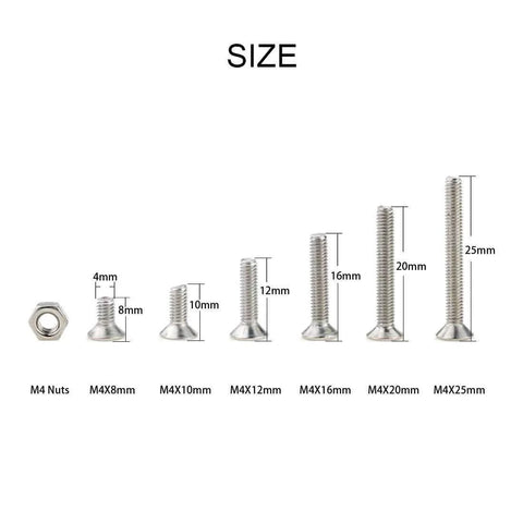 180 Piece Metric M4 Hex Socket Flat Head Countersunk Bolts And Nuts Kit In Clear Storage Case Pro Grade 304 Stainless Steel sizes displayed