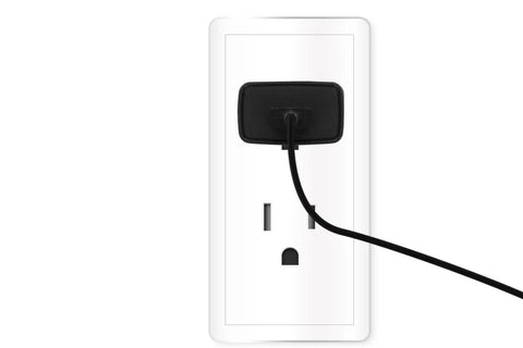 UL Listed USB Wall Charger Fast Power Adapter 5V 1A in black plugged into a white outlet with cable