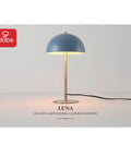 Blue Desk Lamp With Brass Accents, 15 Inch Modern Mushroom Shade, In Line On Off Rocker Switch, LED Bulb Compatible, front view