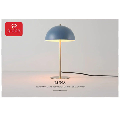 Blue Desk Lamp With Brass Accents, 15 Inch Modern Mushroom Shade, In Line On Off Rocker Switch, LED Bulb Compatible, front view