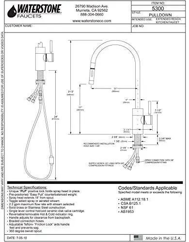 Contemporary Extended Reach Pulldown Kitchen Faucet With Slick Polished Gold Finish And Positive Lock Pulldown Spray Head Plus 360 Swivel Spout diagram with technical specifications.