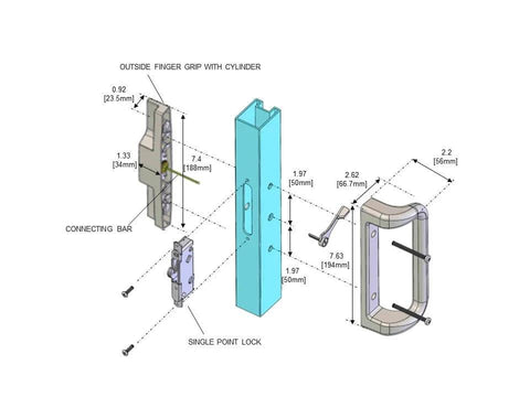 Exploded diagram of White Patio Door Handle Set with Cylinder Lock,Suitable for Replacement Sliding Patio Doors Lock 3-15/16”Screw Hole Spacing