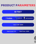 Heavy Duty 50 Foot Extension Cord With Seven Evenly Spaced NEMA 5 15R Outlets And Blue Indicator Lights, 16 Gauge SJTW Copper Core, 13A 125V 1625W, Outdoor Weather Resistant, Male To Female Plug product parameters with length, outlet count, cable type, and ratings.