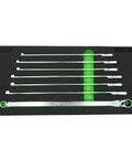 Badass Seven Piece Deep Spline Ratcheting Flex Head Metric Wrench Set Built Tough For Seized Studs Long Threads Eight Through Fourteen Millimeter Pro Shop Favorite Gear displayed on a black foam organizer.