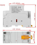 Back view of AC Contactor 63A 2 Pole Workhorse With Two Normally Open Contacts, 110V Coil, 35mm DIN Rail Mount, dimensions shown