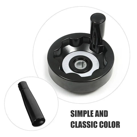 Foldable 2.55 Inch Crank Handle With Revolving Grip, Compact Handwheel, black finish, close-up view.