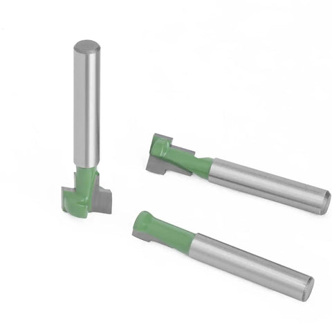 1 Pc 1/4 Inch Shank T Slot Cutter Router Bit For Precision Woodworking shown from various angles, featuring metal shank and green cutting edge.