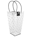 Clear Plastic Flower Packaging Bags With Handle For Bouquets featuring polka dot design and black handles, ideal for weddings.
