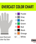 Overcast color chart displaying glove sizes with corresponding colors: purple, gray, blue, green, red, black, orange, white.