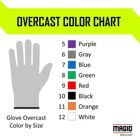 Overcast color chart displaying glove sizes with corresponding colors: purple, gray, blue, green, red, black, orange, white.