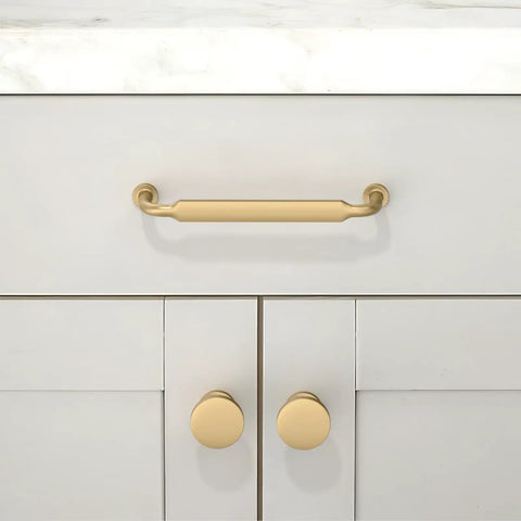 Front view of Champagne Bronze Cabinet Pulls Set Of 10, 5 Inch 128mm Solid Zinc Alloy Kitchen Cabinet Handles installed on gray cabinet drawer.