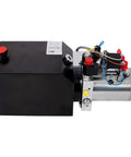 Heavy Duty 12 Volt Hydraulic Power Unit With 6 Quart Steel Tank And 3HP Pump, black steel tank and motor for dump trailers and log splitters.