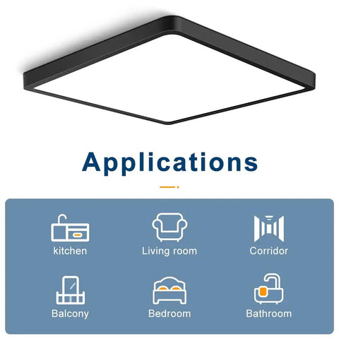 12 Inch Square LED Ceiling Light 24W 5000K Daylight White, sleek black design, applications for various rooms like kitchen and bathroom.