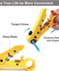 Close-up of a yellow adjustable wire stripper being used for Coax Cable Crimping Tool Kit For RG6 RG59 RG11 With Quick Release Blade.