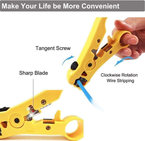 Close-up of a yellow adjustable wire stripper being used for Coax Cable Crimping Tool Kit For RG6 RG59 RG11 With Quick Release Blade.