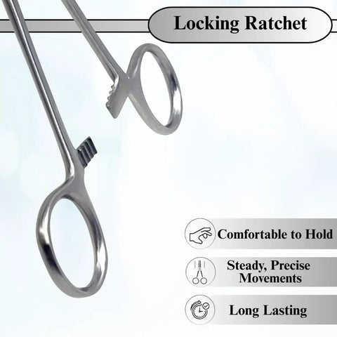 Stainless Steel Hemostat Forceps With Fully Serrated Straight Jaws, Multipurpose Locking Clamps, 10 Inch, Beefy Grip, Heavy Duty, Rust Resistant, Pro Grade Medical Tweezers For Surgical, Lab, And Clinic Use, locking ratchet close-up