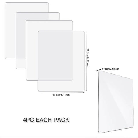 Must Have Four Transparent Acrylic Cutting Pads Set For 6.5 Inch Die Cutting Machines, 0.12 Inch Thick, 8.85x6.1 Inch Size, Perfect For Card Making And Paper Craft Embossing, DIY Greeting Card Projects showing four clear pads with dimensions.