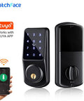 Rock Solid Smart Door Lock With Keyless Entry Featuring Touchscreen Keypad IC Card Swipe And Mechanical Override For Zero Hassle Home Security Upgrade Plus WiFi App Control To Manage Your Deadbolt From Anywhere With Heavy Duty Zinc Alloy Build, view showing keypad and app interface.