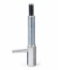 Top Shelf Steel Indexing Plunger Pin With L Grip Handle For Fast Clamping And Dead Tight Security On Custom Shop Jigs And Heavy Duty Workstations close-up view showing the threaded steel plunger.