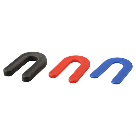Three color-coded polypropylene U-shaped wedges from the 60 Piece Plastic Leveling Shims Kit For Auto Dash And Car Mount Repair.