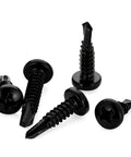 Pro Spec Number 12 X 3/4 Inch Pan Head Self Drilling Screws, Black 410 Stainless Steel Sheet Metal Fasteners With Phillips Drive, showing multiple angles.