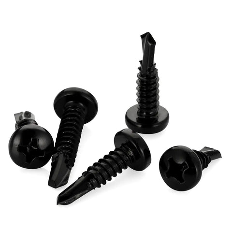 Pro Spec Number 12 X 3/4 Inch Pan Head Self Drilling Screws, Black 410 Stainless Steel Sheet Metal Fasteners With Phillips Drive, showing multiple angles.
