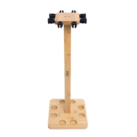 Eight Rod Floor Stand For Fishing Poles Bamboo Base Storage Rack With Soft Ring Protectors visible upright