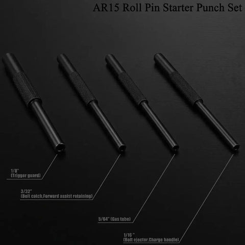 Roll Pin Starter Punch Set for AR Builds features four heat-treated steel punches in sizes 1/16, 5/64, 3/32, and 1/8 inches.