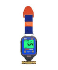 Front view of Supco VG64 digital vacuum gauge with blue handheld unit, orange HVAC strap, brass inlet fittings