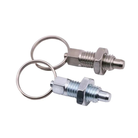 Built Tough Premium Galvanized Steel Spring Plunger Pin With Knurled Pull Ring For Smooth Rotary Indexing And Adjustable Depth Locking Grip Screw Heavy Duty Shopside Hardware M16 By 10mm 1 Pcs in silver with keyrings.