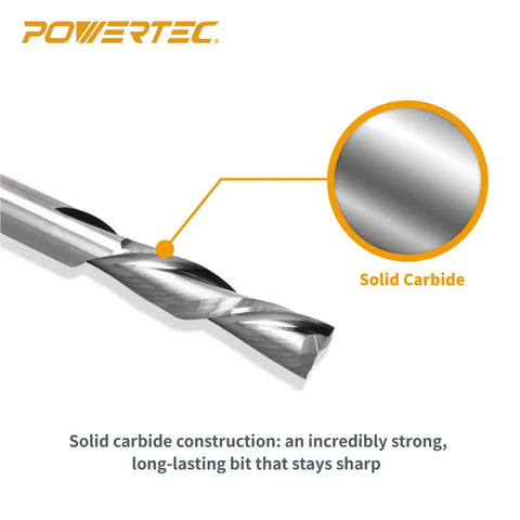 Knockout Router Inlay Kit Featuring Solid Brass Bushing Guide And Precision Centering Pin With Tungsten Carbide 1/4 Inch Upcut Downcut Spiral Bits showing solid carbide construction.