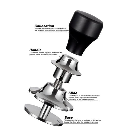 Heavy Duty Adjustable Coffee Tamper With Flat Base And Custom Sizes Made From Food Grade Stainless Steel, showing handle and base details.