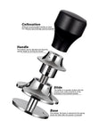 Pro Top Shelf Adjustable Coffee Tamper Built Different With Flat Base Food Safe Stainless Steel seen from the side, showing handle and slide details.